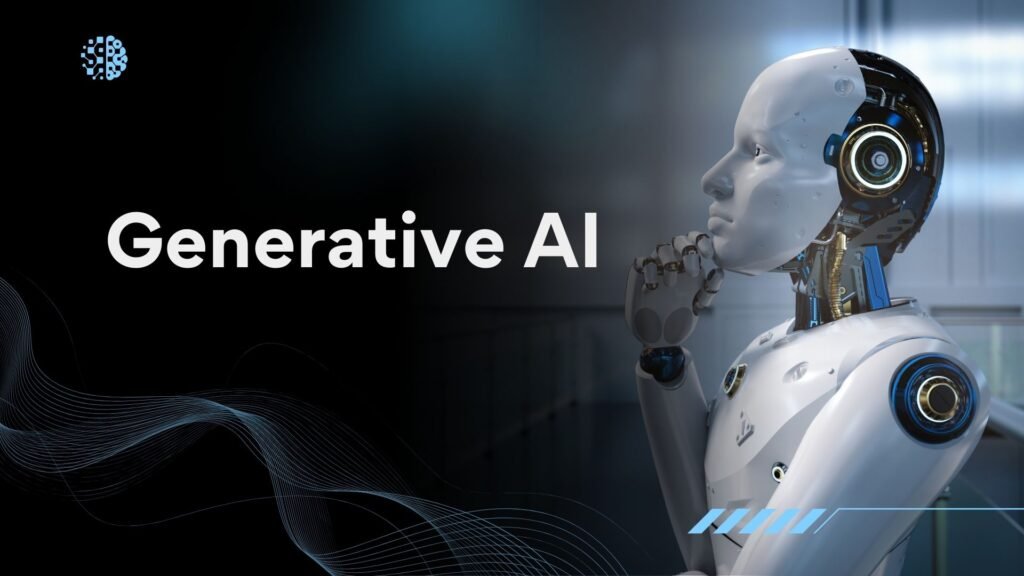 A humanoid robot thinking with the text "Generative AI" on a dark futuristic background.
