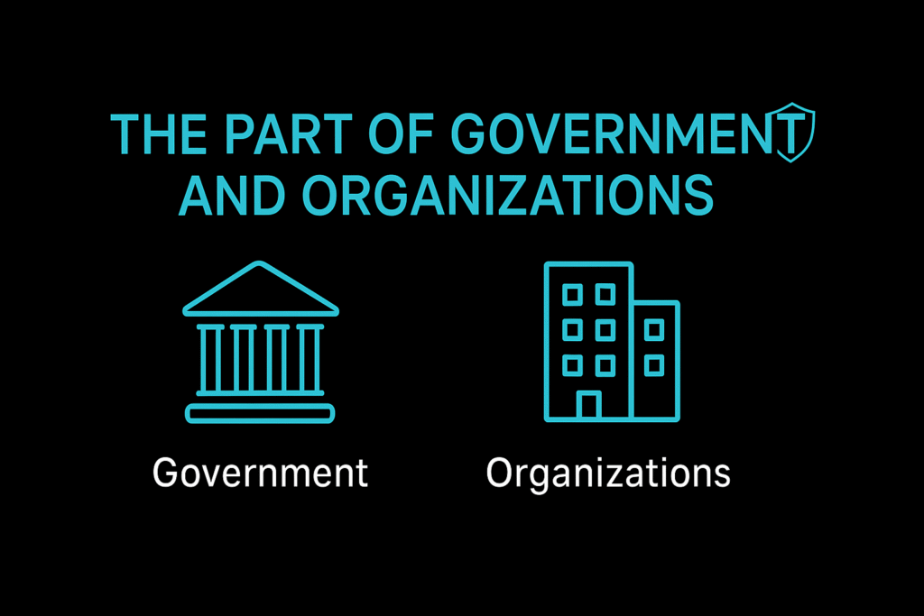 The Part of Government and Organizations” showing neon blue icons of a government building and an office building on a black background, symbolizing their roles in online security and cyber protection.