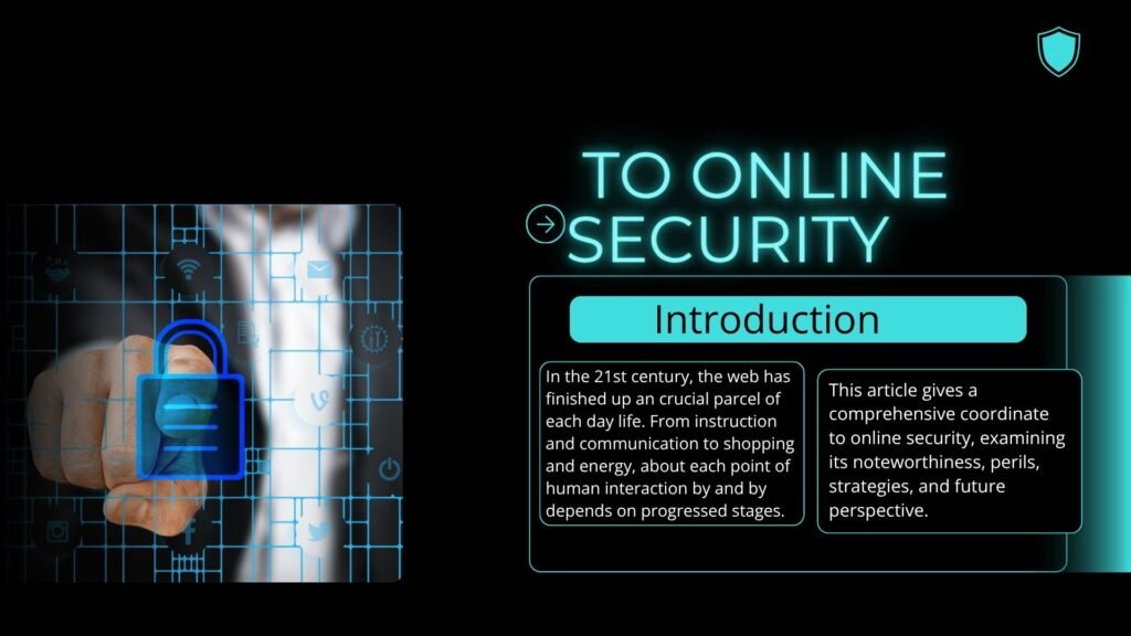 A person pressing a digital lock icon on a virtual interface representing online security, with glowing blue graphics and text introducing internet safety concepts.
