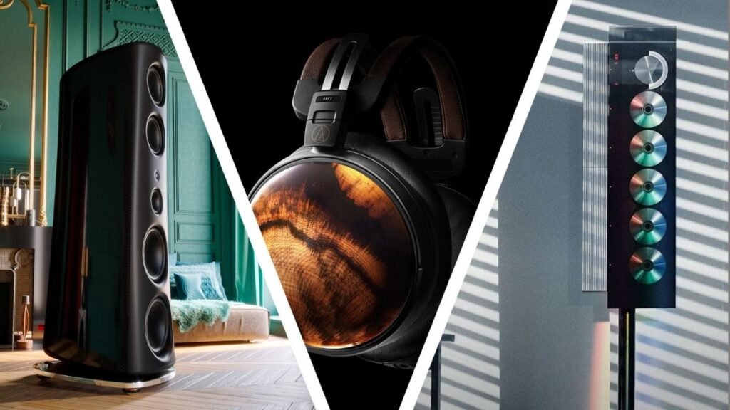 High-end audio equipment including luxury floor-standing speakers, premium wooden-cup headphones, and a modern vertical sound system.