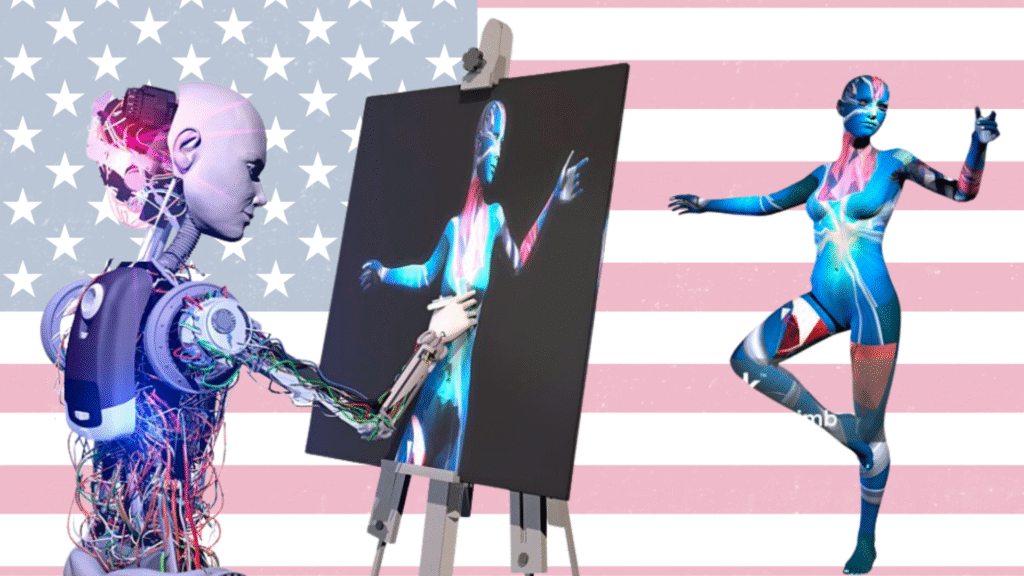 In ai art in the united states a humanoid robot creating digital artwork on a canvas, painting a futuristic blue and pink cyber-style female figure, with an American flag backdrop.