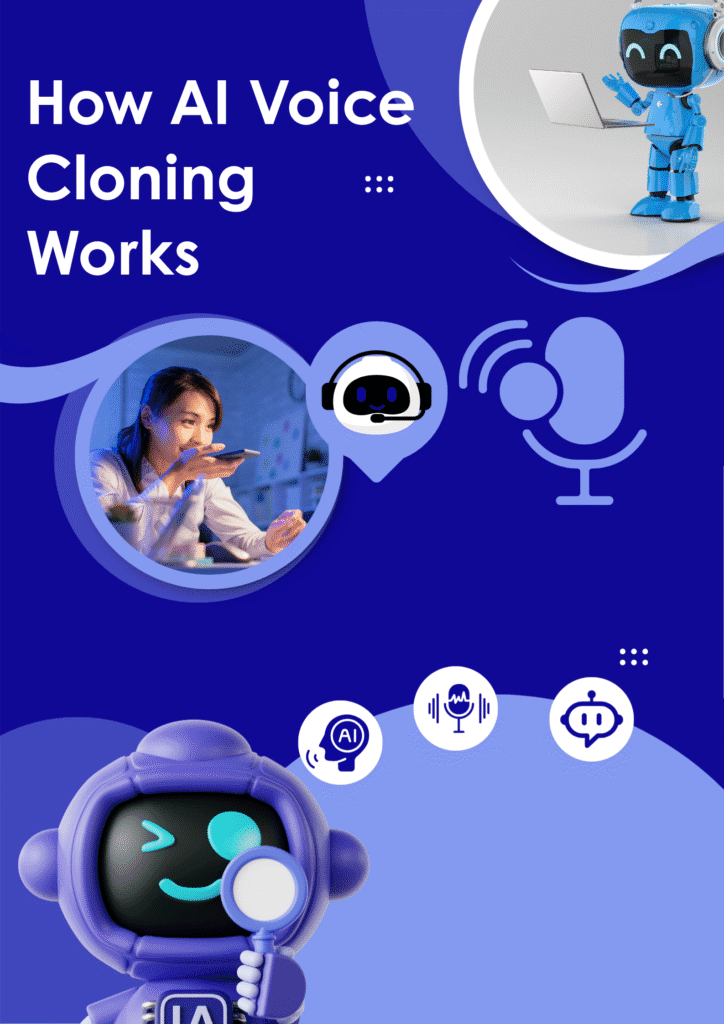 Illustration showing AI voice cloning works concept with robots, microphone icons, and a woman speaking to her device.