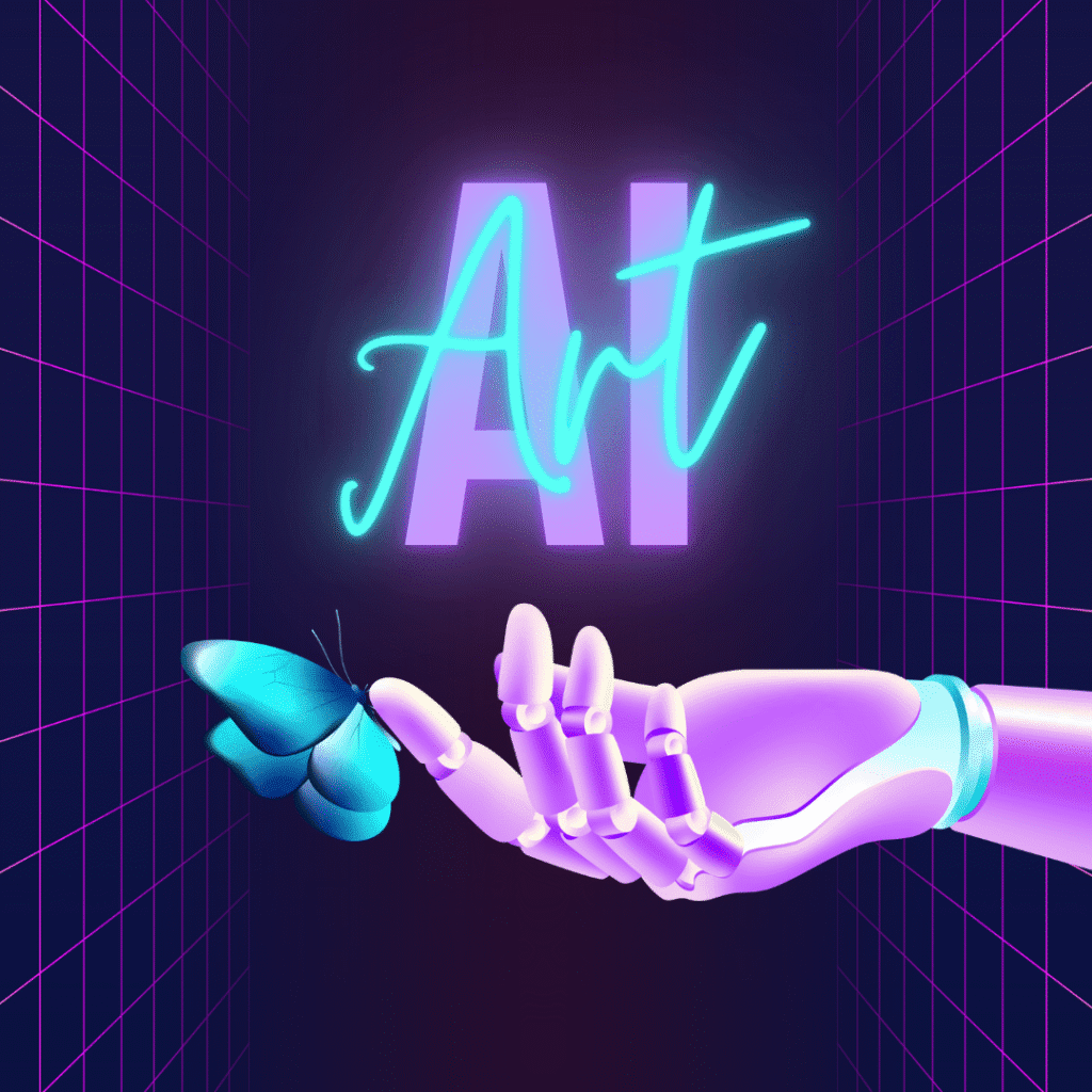 A 3D cartoon-style robot holding a magnifying glass, winking, with a neon “AI Art” text in the background and a futuristic grid design.
