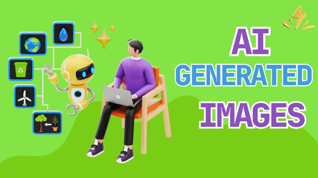 A 3D illustration of a robot and a person with a laptop showing the concept of AI-generated images on a green background.