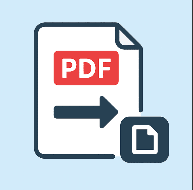 Icon of a PDF document with an arrow pointing toward another file, representing PDF conversion.