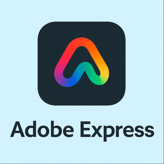 Adobe Express logo with a colorful gradient icon on a light blue background.