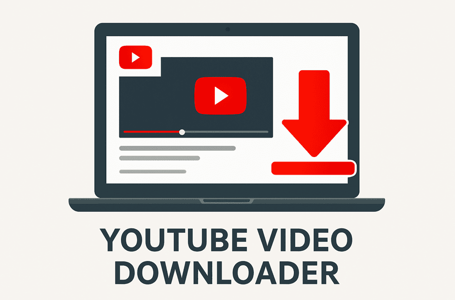 Illustration of a YouTube video downloader showing a laptop with a YouTube player and a large red download icon.