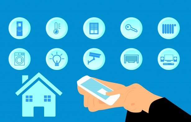 Hand controlling smart home devices via smartphone, including lights, security, thermostat, and appliances.