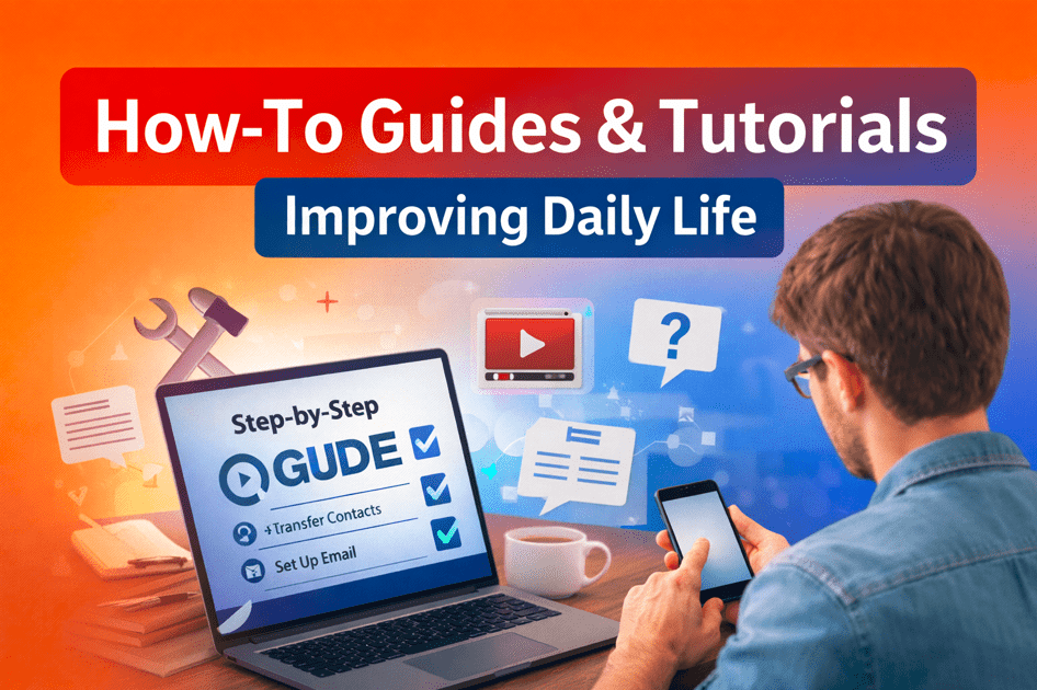 Person using a smartphone and laptop while following a step-by-step how-to tutorial for daily tasks