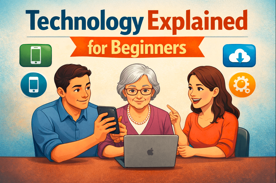 Technology explained for beginners using smartphone and laptop with simple learning icons